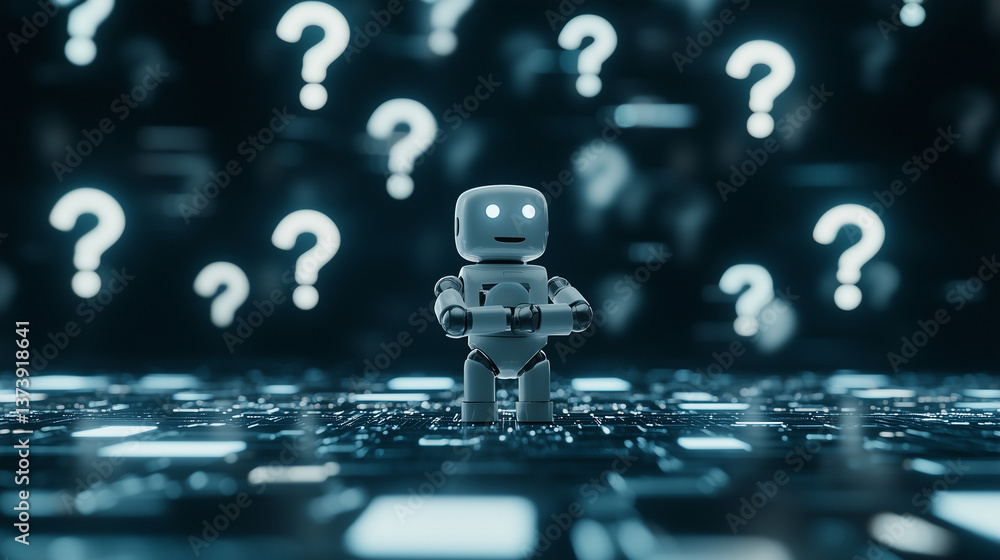 Poster curious bot's dilemma: a thoughtful robot surrounded by question marks contemplates the mysteries of