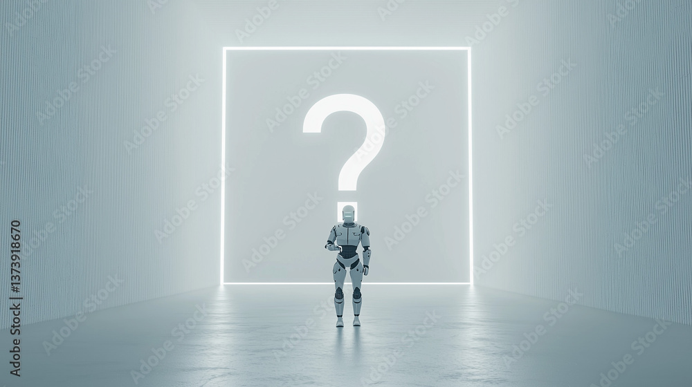 Aufkleber enigmatic reflection: a futuristic humanoid robot stands centered before a neon question mark, creat