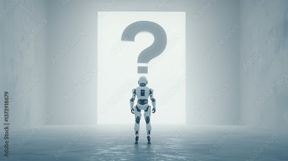 Aufkleber the enigmatic path: a lone robot stands before a luminous doorway adorned with a giant question mark