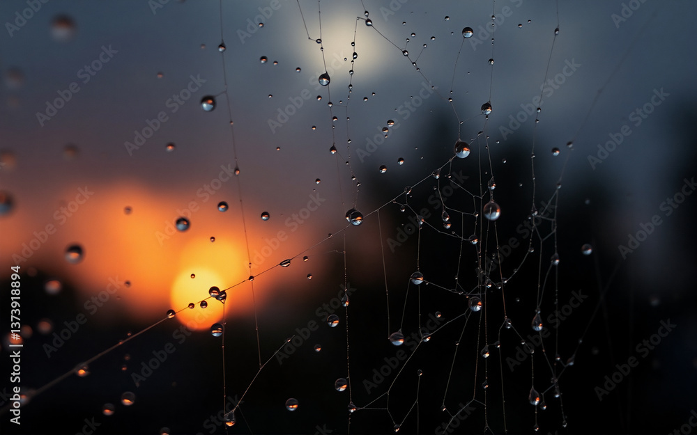Poster spider web adorned with water droplets, bathed in soft light, against a blurred sunset backdrop. del
