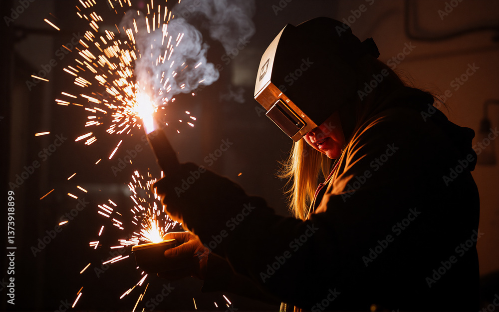 Poster a person wearing a protective mask is welding metal in a dimly lit workshop, creating bright sparks 