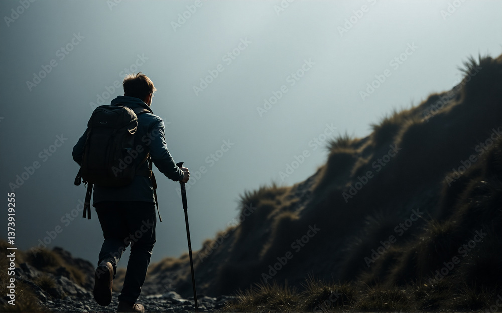 Poster a person is hiking uphill on a mountain path with poles and a backpack in a misty environment. the s