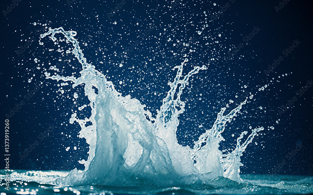 Poster Water explodes upwards in a dynamic splash against a deep blue background, creating a sense of refreshing motion with droplets flying in all directions.