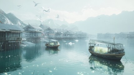 Winter fishing boats, misty Asian village, snow-capped mountains, tranquil scene
