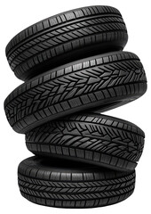 Stacked black car tires with detailed tread patterns