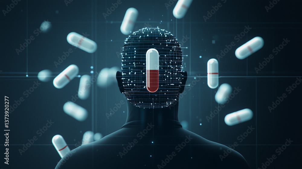 Poster digital pill: a conceptual rendering showing a human form with a digital rendering of a human head, 