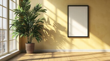 Room interior features a plant picture frame and sunlight
