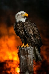 Bald eagle perched on wooden post in front of dramatic fire-lit background, representing strength, freedom and resilience, ideal for nature or patriotic visuals, Generative AI