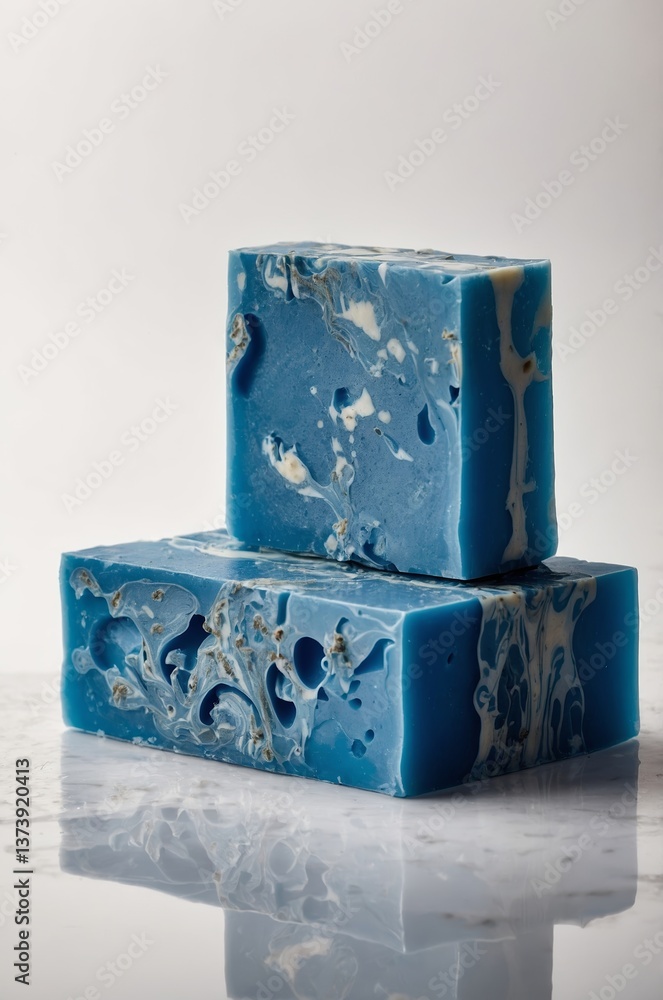Poster unique handmade blue soap bars with marbled patterns displayed on a reflective surface