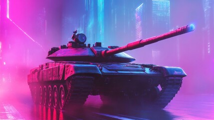 Cyberpunk Tank City Night Drive, Futuristic Warfare