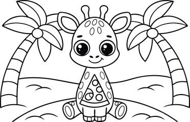 Line Art Cute Giraffe on Island With Palm Trees for Coloring Book