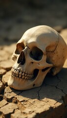 Human skull resting on cracked earth symbolizing mortality and reflection in a spiritual context
