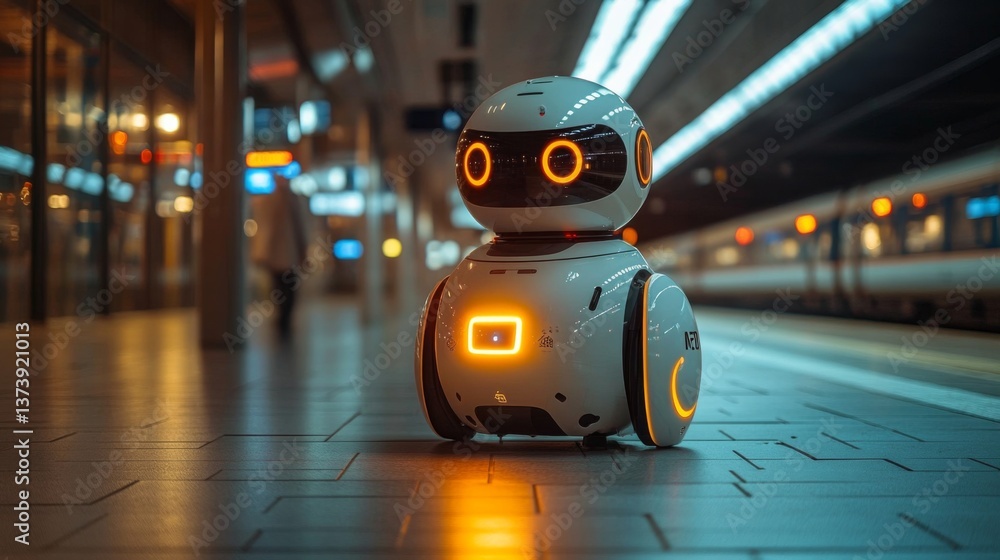 Poster A small robotic assistant stands on the platform of a transportation hub, equipped with surveillance features for monitoring and inspection, promoting efficient mobility and security.
