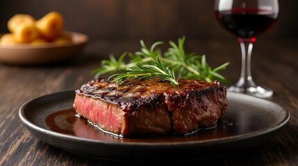 A seared medium-rare steak with rosemary and garlic butter, paired with red wine on a dark wooden table.