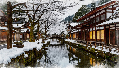 Fototapeta premium View of the city of Kyoto in Japan, watercolor illustration, generated by AI