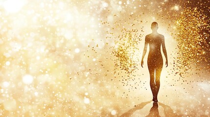 Fototapeta premium A woman is walking in a golden background with a lot of glitter