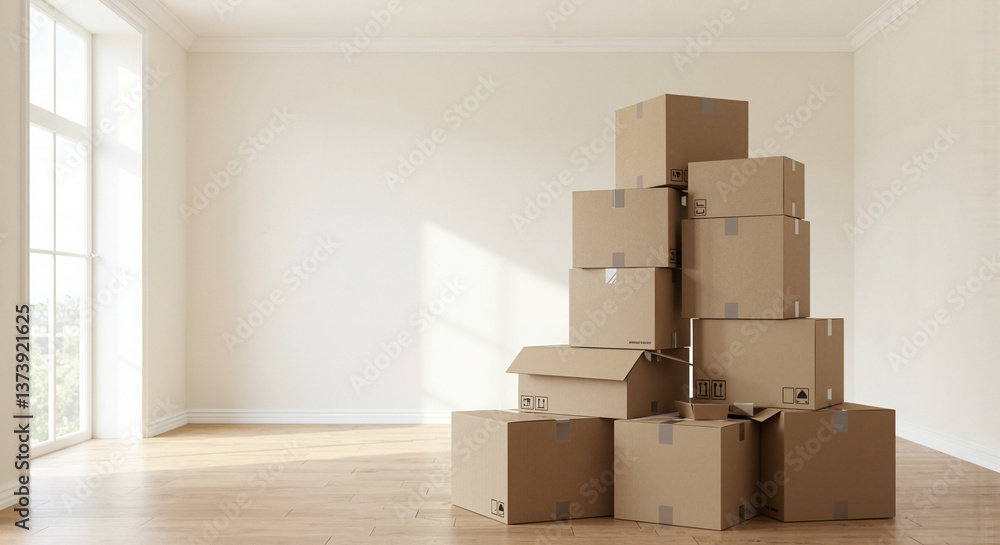Poster stack of cardboard boxes in empty room