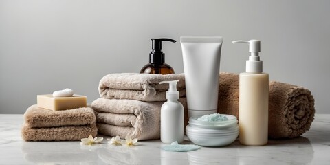 Spa essentials arranged on a marble countertop with towels, skincare products, and decorative elements for relaxation and self-care