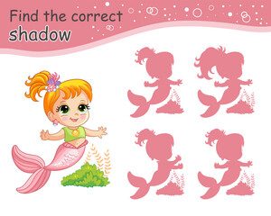 Find the correct shadow cute happy mermaid. Educational matching game for children with cartoon character. Activity, logic game, printable worksheet with task for kids, vector isolated illustration