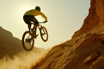 Obraz premium Mountain biker airborne, dust trail, arid landscape, golden sun.
