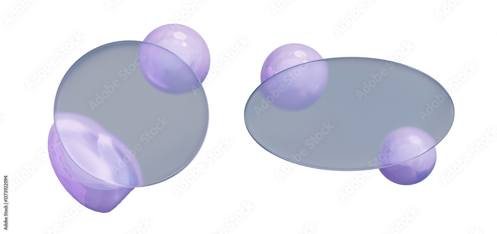 Poster futuristic transparent oval and circle frame with abstract purple 3d element on transparent backgrou