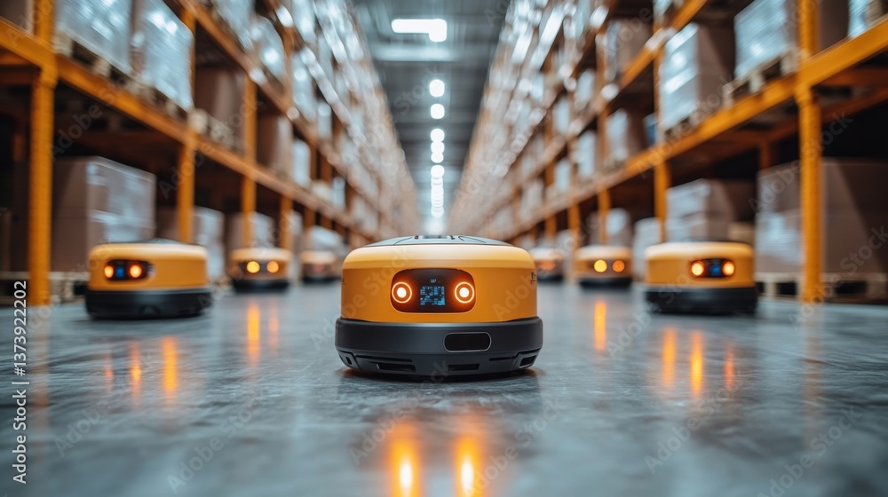 Poster Robots operate autonomously in a large warehouse setting, effectively transporting goods between aisles while optimizing logistics operations during daylight hours.