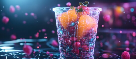 Fruit cup, neon background, berries falling, vibrant drink