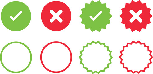 Check mark icon button set. Check box icon with right and wrong buttons and yes or no checkmark icons in green tick box and red cross.
