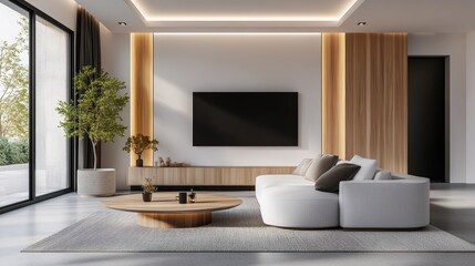 interior design, scandinavian-style living room with sleek ceiling paneling and subtle recessed lighting, creating a warm, minimalist vibe