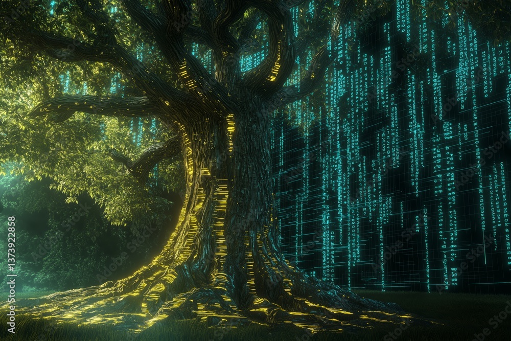 Fototapete Futuristic glowing tree with digital roots and binary matrix falling like rain, symbolizing nature-technology fusion and digital connectivity, Generative AI