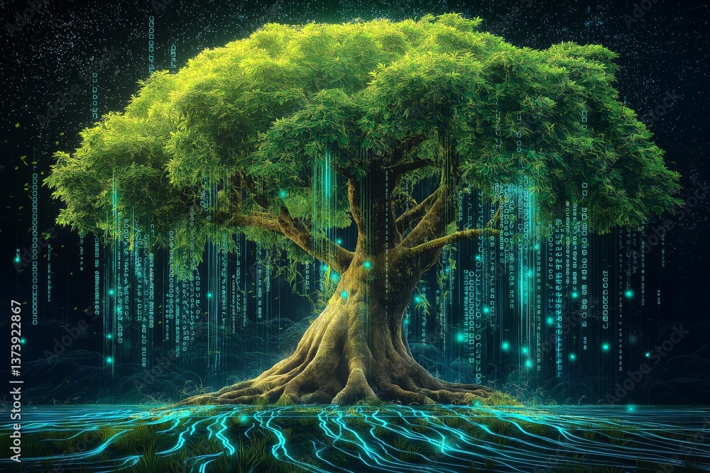 Poster Futuristic glowing tree with digital roots and binary matrix falling like rain, symbolizing nature-technology fusion and digital connectivity, Generative AI