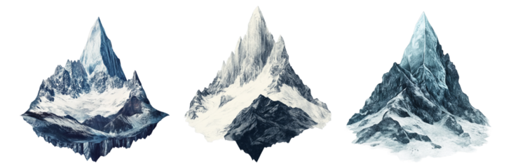 Three mountain peak illustrations, snowy mountain range, isolated alpine landscape, digital art asset, png transparent background
