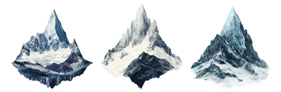 Three mountain peak illustrations, snowy mountain range, isolated alpine landscape, digital art asset, png transparent background