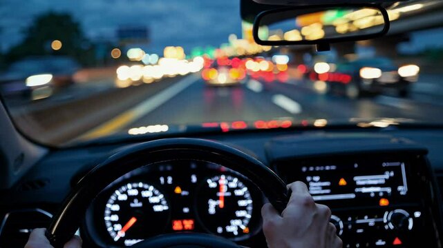Nighttime highway driving: steering through city lights with a scenic urban view