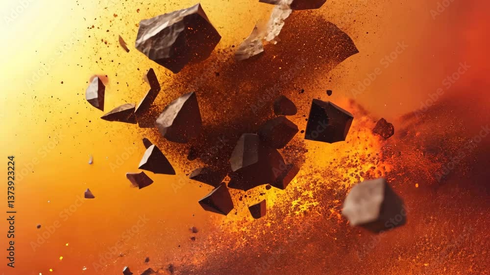 Poster volcanic eruption releases rocks and ash into the fiery sky, creating an intense display of natural 