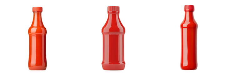 Three bottles of vibrant red hot sauce, perfect for adding spice to your meals, kitchen condiment staple transparent background