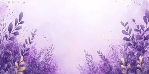 Obraz premium Pastel Lavender and Gold Watercolor Background With Stylized Herbs and Whimsical Leaves