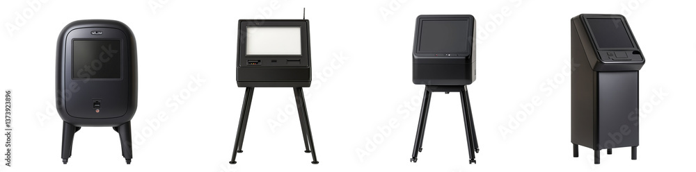 Poster four interactive kiosk systems with screens and various designs for retail and information purposes 