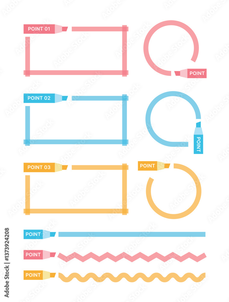 Poster a set of colorful marker and highlighter concept line and frame border illustrations. stationery for