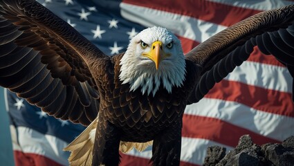 Naklejka premium Bald eagle with fierce expression spreading wings in front of American flag