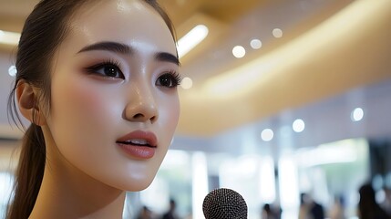 A woman with long dark hair and a microphone in front of a crowd
