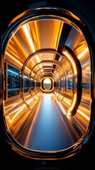 Obraz premium Futuristic tunnel with vibrant orange and blue lights, reflecting a high-tech environment. Ideal for showcasing innovation and advanced design.