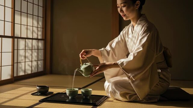 Woman in kimono performs tea ceremony, pouring tea into cups in a traditional japanese room with tatami mats, representing culture, mindfulness and the tranquility of eastern traditions