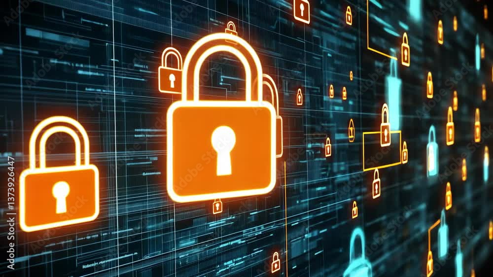 Poster security locks on a digital interface with glowing patterns representing data protection and cyberse