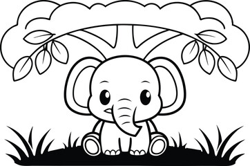 Cartoon Elephant Sitting Under Tree Line Art on Transparent Background
