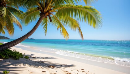A serene beach scene featuring palm trees, soft waves, and clear blue waters under a bright sky, creating a tranquil tropical paradise.