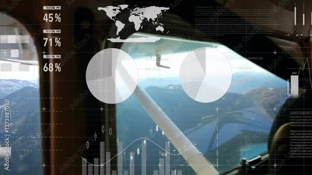 Poster in cockpit, pilot using animation of data visualization with world map overlay