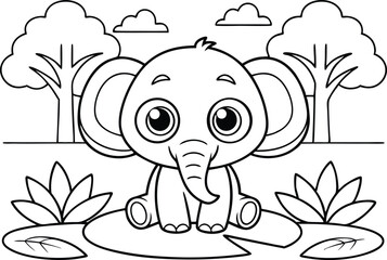 Obraz premium Outlined Cartoon Elephant Sitting on Lily Pad with Trees Under Clouds