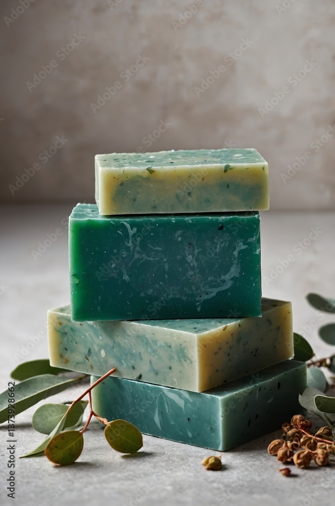 Poster handmade soap stacked on a neutral surface with natural elements surrounding them for a calming aest