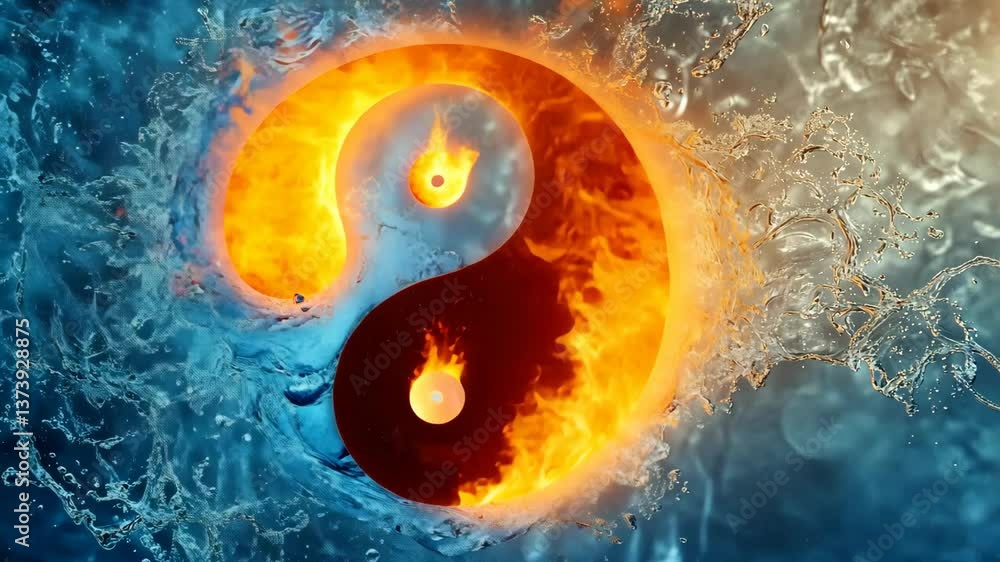 Poster fire and water create a striking yin yang symbol in a vibrant and dynamic artistic representation